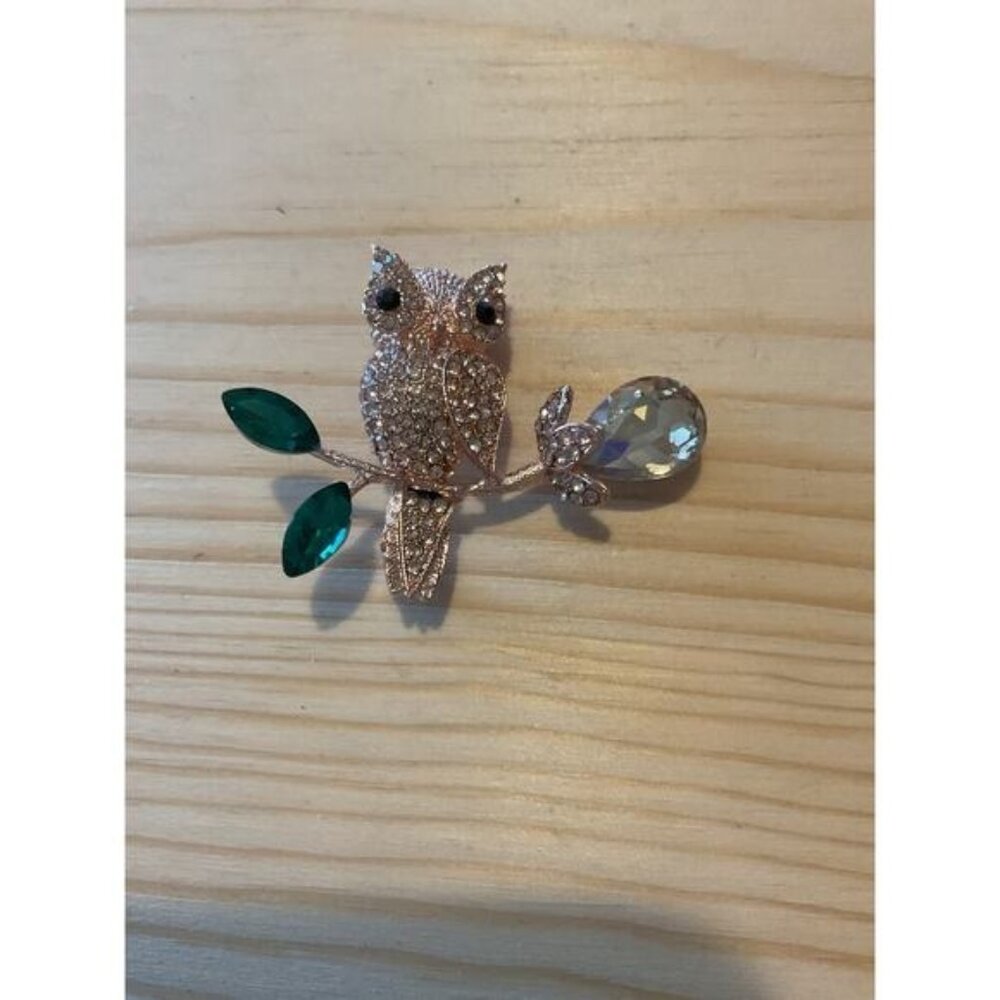Crystal Rhinestone Owl Brooch Pin With Green Leaf Accents